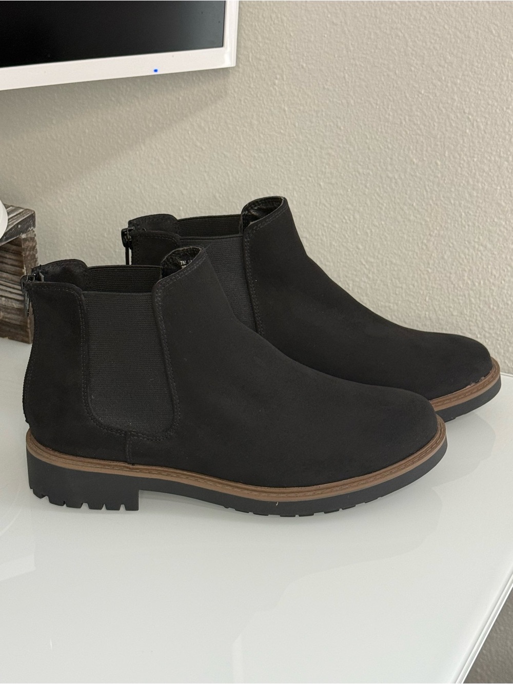 Kensie Black Suede Ankle Boots with Brown Trimmed Sole NWOT